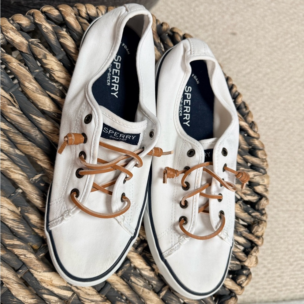 Sperry womens White Canvas Sneakers with Tan Leather Laces - Picture 3 of 7